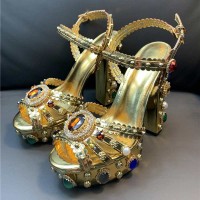 Luxury Platform Crystal Embroidery Buckle Ankle-Strap Rhinestone Wedding Sandals - Gold