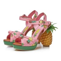 Pineapple Platform Fruit Print Sandals with Leather Buckle Ankle Straps - Pink on Green Platform