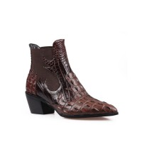Chunky Heels Pointed Toe Crocodile Embossed Short Chelsea Boots - Auburn
