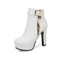 Cuban Heels Platform Ankle Buckle Strap Lita Booties with Side Zipper - White