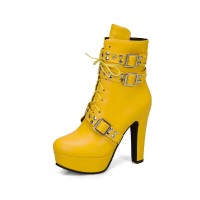 Cuban Heels Lace Up Platform Triple Buckle Bondages Ankle Booties with Side Zipper - Yellow