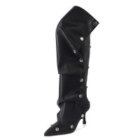 Pointed Toe Removable Rivet Buttons Stiletto Heels Stylish Knee Highs Booties - Black Faux Leather