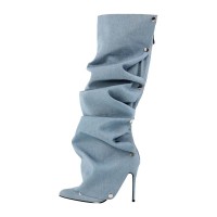 Pointed Toe Removable Rivet Buttons Stiletto Heels Stylish Knee Highs Booties - Blue Denim