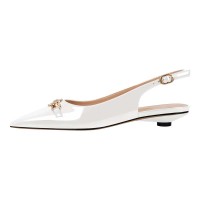 Pointed Toe Elegant Golden Buckle Slingback Flats - White Patent