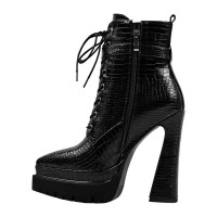Pointed Toe Side Zipper Platforms Lace Up Ankle Chunky Heels Boots - Black PU