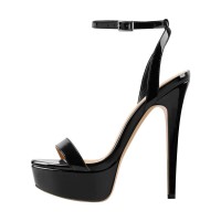 Peep Toe Ankle Buckle Slingback Stiletto Sandals - Black Patent