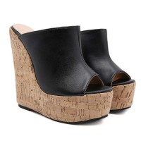 Summer Platform Wedge Peep Toe Cork Sandals - Black Faux Leather