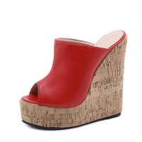 Summer Platform Wedge Peep Toe Cork Sandals - Red Faux Leather