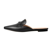 Pointed Toe Black Buckle Guest Home Unisex Matte Slippers Flats - Black Faux Leather