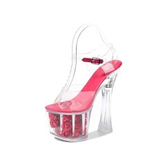 Rose Bouquet Platform Chunky Heels Peep Toe Ankle Straps Sandals - DeepPink