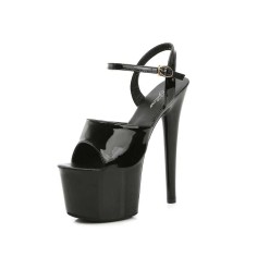 7 Inch Super Heels Peep Toe Ankle Strap Patent Platform Sandals - Black
