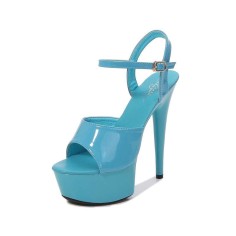 6 Inch Heels Peep Toe Ankle Strap Patent Platform Sandals - Blue