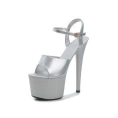7 Inch Super Heels Peep Toe Ankle Strap Patent Platform Sandals - Silver