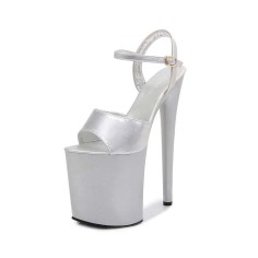 8 Inch Super Heels Peep Toe Ankle Strap Patent Platform Sandals - Silver
