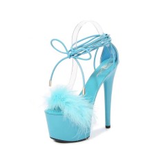 7 Inch Super Heels Peep Toe Ankle Lace Up Fluffy Fur Platform Sandals - Blue