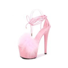 7 Inch Super Heels Peep Toe Ankle Lace Up Fluffy Fur Platform Sandals - Pink