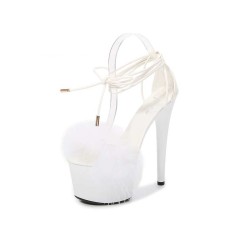 7 Inch Super Heels Peep Toe Ankle Lace Up Fluffy Fur Platform Sandals - White