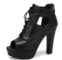 Peep Toe Cuban Heels Lace Up Platform Vamp Summer Ankle Booties with Back Zipper - Black