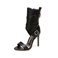 Peep Toe Stiletto Heels Summer Buckle Bondage Strap Ankle Wrap Sandals with Side Zipper - Black