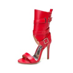 Peep Toe Stiletto Heels Summer Buckle Bondage Strap Ankle Wrap Sandals with Side Zipper - Red