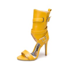 Peep Toe Stiletto Heels Summer Buckle Bondage Strap Ankle Wrap Sandals with Side Zipper - Yellow