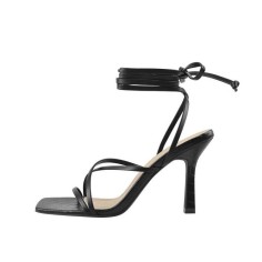 Kitten Heels Gladiator Strap Square Toe Sandals - Black