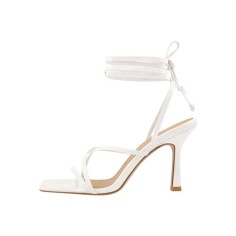 Kitten Heels Gladiator Strap Square Toe Sandals - White