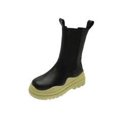 Wave Platform Vegan Leather Chelsea High Ankle Boots - Black on Olive Green