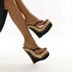 Summer Platform Rivet Decoration Wedge Peep Toe Cork T-Strap Sandals