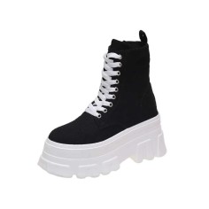 Africa Lace-Up Platform Canvas Ankle Boots with Side Zipper -  Black