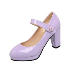 Chunky Square Heels Pumps Mary Janes Patent Button Decorated Strap Sandals - Lavender