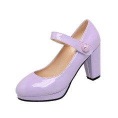 Chunky Square Heels Pumps Mary Janes Patent Button Decorated Strap Sandals - Lavender SPECIAL - Size 13