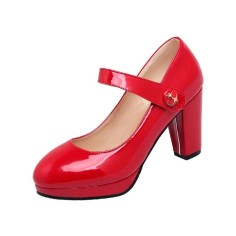 Chunky Square Heels Pumps Mary Janes Patent Button Decorated Strap Sandals - Red