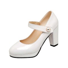 Chunky Square Heels Pumps Mary Janes Button Decorated Strap Sandals - White
