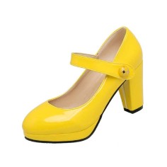 Chunky Square Heels Pumps Mary Janes Patent Button Decorated Strap Sandals - Yellow