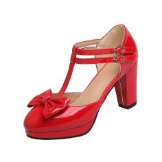 Chunky Square Heels Sweet Bowtied Mary Janes Double Buckle T-Strap Sandals - Red