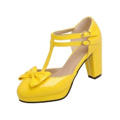 Chunky Square Heels Sweet Bowtied Mary Janes Double Buckle T-Strap Sandals - Yellow