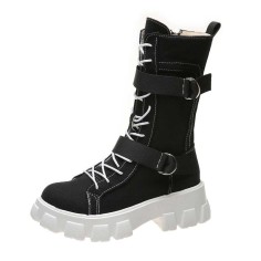 Ankle Strap Lace-Up Spring Boots with Side Zipper - Black