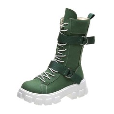 Ankle Strap Lace-Up Spring Boots with Side Zipper - Green