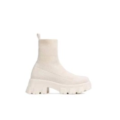 Chunky Heel Platform Ankle Socks Boots - Beige