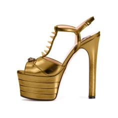 Chunky Heels Platform Peep Toe Rivet Decorated Ankle Buckle T Straps - Gold