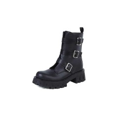 Chunky Heels Platform Buckle Straps Martens Ankle Boots with Side Zipper - Matt Black