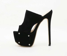 Peep Toe Rivets Platform Pole Dance Stiletto Sandals - Black Flock