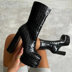 Chunky Heel Elastic Microfiber Ankle Boots - Black Snake