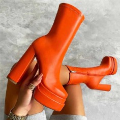 Chunky Heel Elastic Microfiber Ankle Boots - Orange