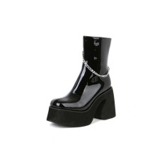 Chunky Heels Platform Chain Decorated Patent Ankle Boots with Side Zipper - Black