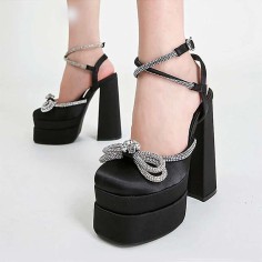 Chunky Heels Crystal Ribbon Ankle Buckle Strap Spring Sandals - Black