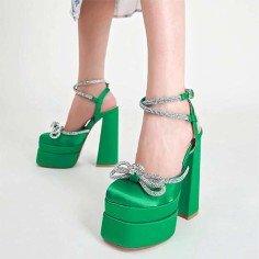 Chunky Heels Crystal Ribbon Ankle Buckle Strap Spring Sandals - Green
