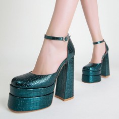 Chunky Heels Crocodile  Embossed Ankle Buckle Strap Spring Sandals - Green