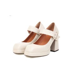Chunky High Heels Square Toe Platform Pumps Mary Janes Buckle Strap Matte Sandals - Beige